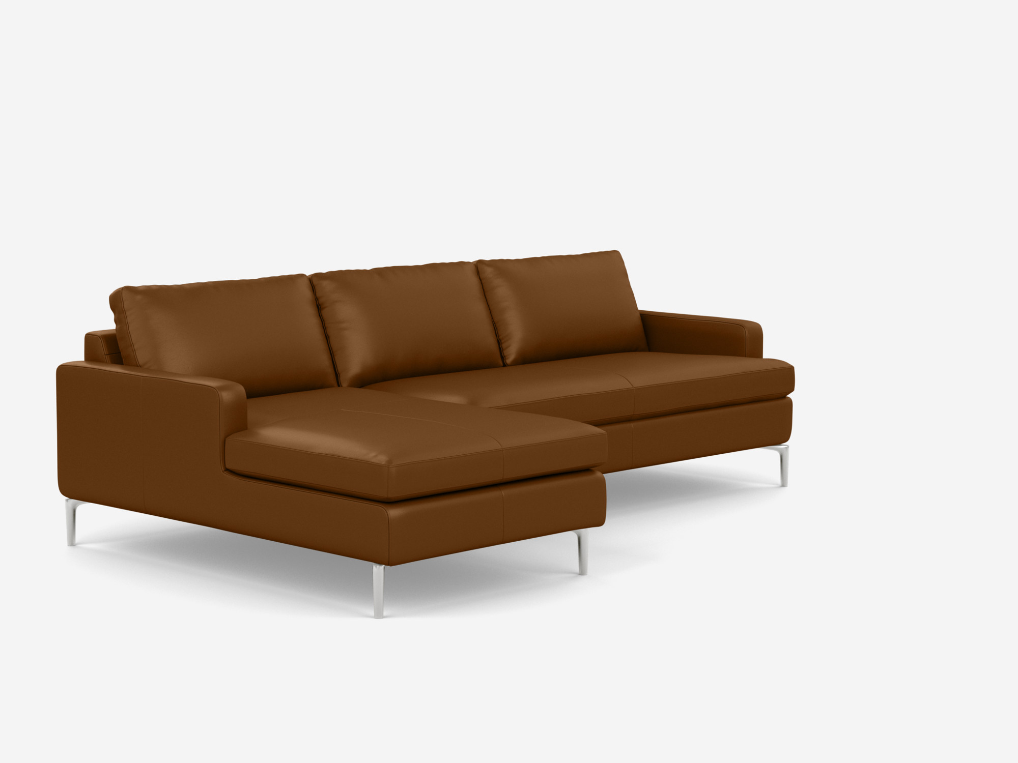 angle view of the Eve Grand modular sofa in brown leather with left hand chaise